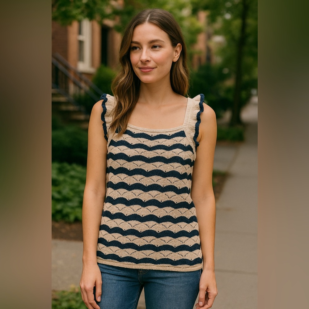 Heartloom Navy Cream Crochet Knit Tank Top – Ruffle Strap Boho Style L
